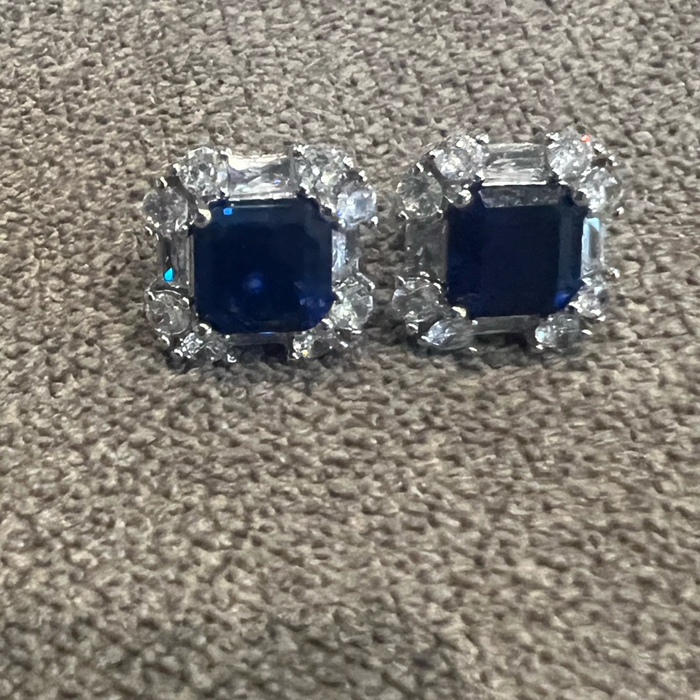 Square simulated, sapphire, and CZ diamond post earrings.